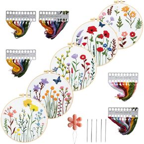 5 Sets Embroidery Kit for Beginners Adults Cross Stitch for Embroidery Starters with Flower Mushroom Plant Pattern Needlepoint Kits for Adults Hand Cross Stitch with Instructions 2 Hoops Cloth