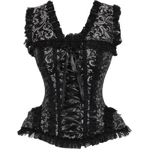Daisy corsets Womens Top Drawer Silver/Black Swirl Brocade & Lace Steel Boned Corset W/Cap Sleeves