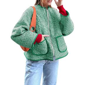 Yousify Womens Jackets Fall Fashion 2024 Crew Neck Quilted Plaid Jacket Full Zipper Coats S-2XL in Kuwait