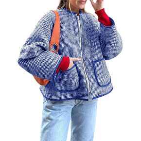 Yousify Womens Jackets Fall Fashion 2024 Crew Neck Quilted Plaid Jacket Full Zipper Coats S-2XL
