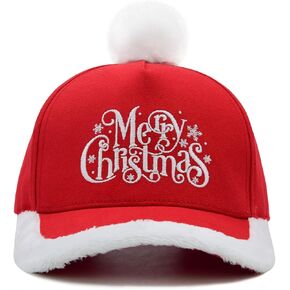 Merry Christmas Hat for Kids, Adjustable Embroidered Toddler Xmas Holiday Baseball Cap with Pom Pom