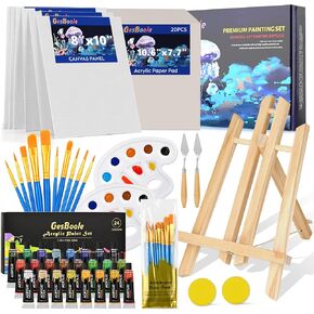 77PCS Painting Kits for Adults & Kids, Paint Set Art Painting Supplies Kit with 24 Paints,Table Easel,6 Canvas Panels,20 Brushes,Paper Pad,Sponge, Paint Knives,Palette for Artist Beginner