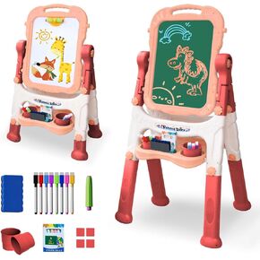 Easel for Kids, Double Sided Kids Art Easel with White Board & Chalk Board, Adjustable Standing Toddler Easel with Drawing & Writing Accessories, Toy for Age 2-4 Boys Girls Birthday Gifts (Blue)
