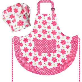 R HORSE Kid Apron and Chef Hat Set - 2Pcs Adjustable Children Pink Flower Kitchen Apron, Dress up Role Play Chef Toy Cooking Baking Painting and Training Kits Kid Funny Cooking Birthday Gift for Girls
