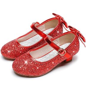 Dufannie Red Shoes for Girls Low Heels Sparkly Princess Shoes Glitter Toddler Flats Christmas Halloween Flower Girls Dress Shoes for Little Big Kids