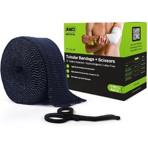 Elasticated Tubular Support Bandage - Reusable Compression Wrap for Joint Pain Relief - Stockinette Tubing for Large Knees/Medium Thigh - Black (Size F - 4 inches x 11 Yards) + Scissors