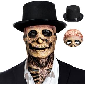 Spooktacular Creations 2PCS Halloween Skull Mask with Black Top Hat, Scary Full Head Skeleton Mask, Creepy Realistic Biochemical Latex Mask for Men Women Kids Halloween Cosplay Costume Accessory