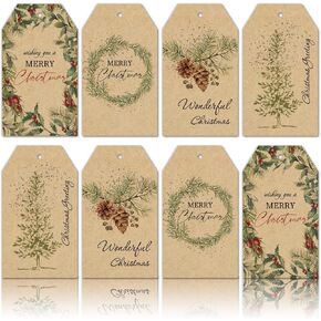 Whaline 120Pcs Christmas Plants Gift Tags Vintage Kraft Paper Gift Tags with 98.4Ft Hemp Rope Watercolor Plant Merry Christmas Seasonal Wishes Xmas Favor Hanging Tags for Christmas Party Gift Wrapping