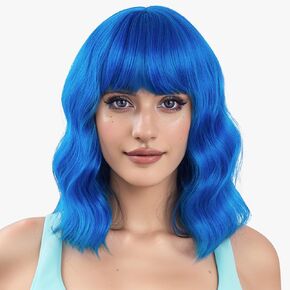 forfeels Blue Wavy Wig with Bangs, Short Wavy Curly Bob Wig 14 Inch Loose Shoulder Length Curly Synthetic Wig for Women Cosplay Wig Bob for Girl Colorful Costume Wigs