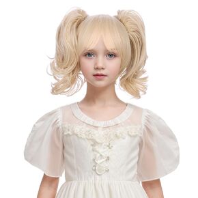 Child Blonde Two Ponytail Wig Kids Short Light Blonde Wavy Curly Anime Wig with Bangs Heat Resistant Synthetic Wig with Wig Cap