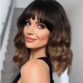 forfeels Blue Wavy Wig with Bangs, Short Wavy Curly Bob Wig 14 Inch Loose Shoulder Length Curly Synthetic Wig for Women Cosplay Wig Bob for Girl Colorful Costume Wigs
