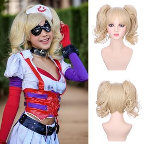 Kids Blonde Two Ponytail Wig Girls Short Light Blonde Wavy Curly Anime Wig with Bangs Heat Resistant Synthetic Wig with Wig Cap