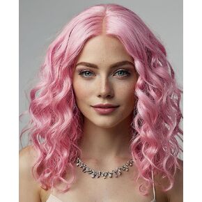 Pink Wig for Women, Short Wavy Pastel Pink Wigs with Lace, Shoulder Length Middle Part Curly Wavy Bob Wig, Natural Looking Synthetic Party Cosplay Wigs for Girl, Colorful Costume Wigs 14 Inch