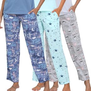 PNAEONG Pajama Pants Women 3 Pack Soft Cotton Lounge Pants Comfy Casual Pajama Bottoms with Elastic Waistband & Pockets