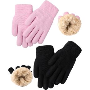 Glooarm 2 Pairs Kids Gloves Winter Thermal Wool Fleece Lined Gloves Thick Knit Gloves for Cold Weather Boys Girls 4-12 Years