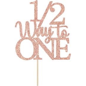 1/2 Way to One Cake Topper - Happy 1/2 Birthday Girl - Baby 6 Months Birthday Decorations, Half Birthday Party Decorations Rose Gold Glitter
