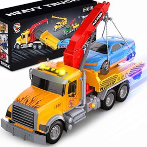 SS 15" Big Tow Truck Toy with Friction Powered Transport Truck Crane， Toy trucks for Kids Boys Age 4-7 with Lights and Sounds, includes Roadster with Hooks and Car, Pull Back Toy Birthday Gift, Orange