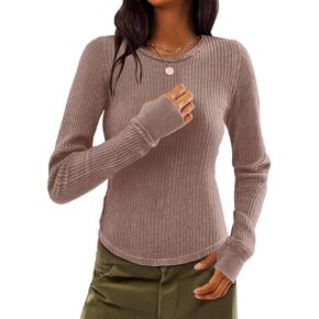 Womens Waffle Knit Top Thermal Long Sleeve Shirts Fitted Crewneck Pullover Shirt Fall Winter Tops 2024