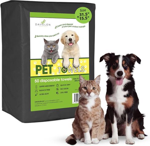 DAVELEN Disposable Pet Towels (50-Pack), Super Absorbent, for Small, Medium, Large Dogs & Cats | Paws, Fur, Body Use | Bleach and Dye Free, Ecofriendly | Towels Size: 31.5" x 15.5" (Black) in Kuwait