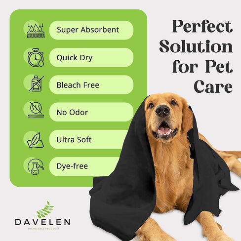 DAVELEN Disposable Pet Towels (50-Pack), Super Absorbent, for Small, Medium, Large Dogs & Cats | Paws, Fur, Body Use | Bleach and Dye Free, Ecofriendly | Towels Size: 31.5" x 15.5" (Black) in Kuwait