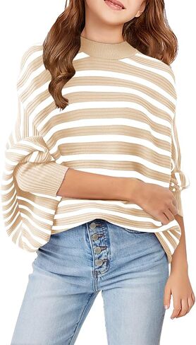 Haloumoning Girls Oversized Striped Sweater Kids Fashion Batwing Sleeve Ribbed Knit Pullover Tops 5-14 Years in Saudi Arabia