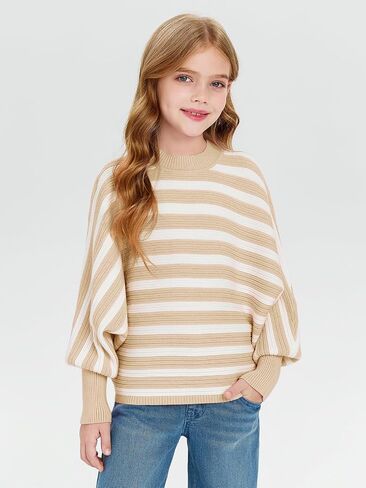 Haloumoning Girls Oversized Striped Sweater Kids Fashion Batwing Sleeve Ribbed Knit Pullover Tops 5-14 Years in Saudi Arabia
