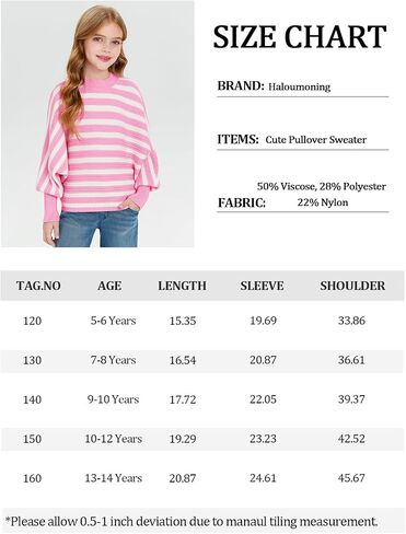 Haloumoning Girls Oversized Striped Sweater Kids Fashion Batwing Sleeve Ribbed Knit Pullover Tops 5-14 Years in Saudi Arabia