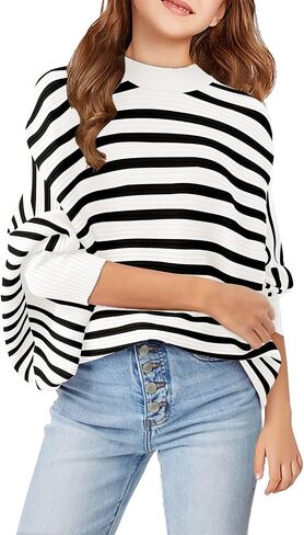 Haloumoning Girls Oversized Striped Sweater Kids Fashion Batwing Sleeve Ribbed Knit Pullover Tops 5-14 Years in Saudi Arabia