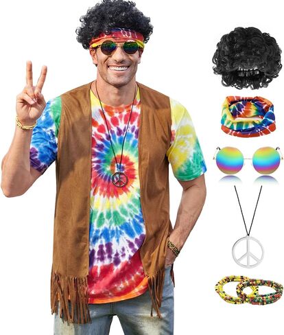 Mainfini Hippie Costume for Men Cotton Tie Dye Shirt Accessories 60s 70s Outfits (S-XXL) in Saudi Arabia