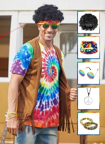 Mainfini Hippie Costume for Men Cotton Tie Dye Shirt Accessories 60s 70s Outfits (S-XXL) in Saudi Arabia
