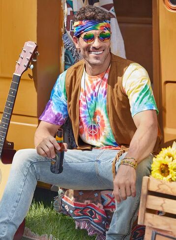 Mainfini Hippie Costume for Men Cotton Tie Dye Shirt Accessories 60s 70s Outfits (S-XXL) in Saudi Arabia