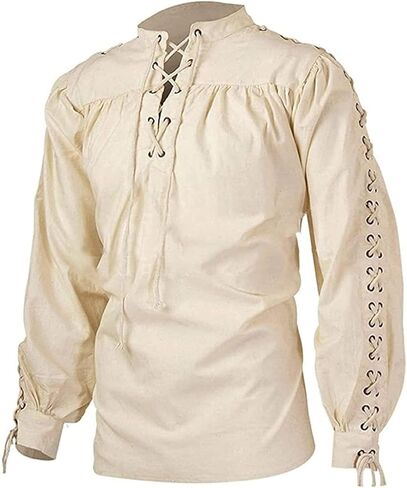 Mens Retro Loose Linen Pirate Shirt Renaissance Steampunk Viking Top Medieval Victorian Gothic Costume Halloween in Saudi Arabia