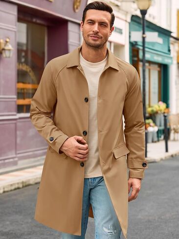 Runcati Mens Trench Coat Slim Fit Single Breasted Long Windbreaker Jacket Classic Lapel Casual Overcoat in Saudi Arabia