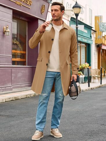 Runcati Mens Trench Coat Slim Fit Single Breasted Long Windbreaker Jacket Classic Lapel Casual Overcoat in Saudi Arabia