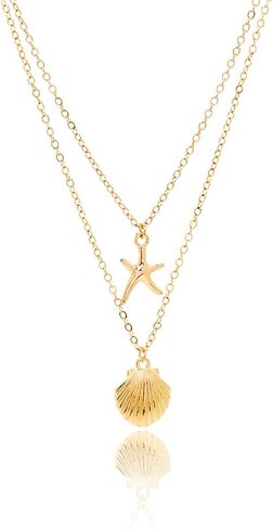 Boho Starfish Seashell Layered Necklace Gold Silver Plated Dainty Charm Double Layer Sea Shell Lucky Stars Ocean Animal Chain Necklace for Women Teen Girls Hawaiian Summer Beach Vacation Trendy Jewelry Gifts in Saudi Arabia