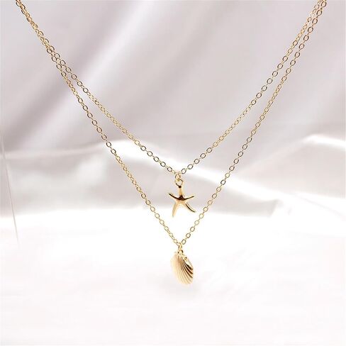 Boho Starfish Seashell Layered Necklace Gold Silver Plated Dainty Charm Double Layer Sea Shell Lucky Stars Ocean Animal Chain Necklace for Women Teen Girls Hawaiian Summer Beach Vacation Trendy Jewelry Gifts in Saudi Arabia