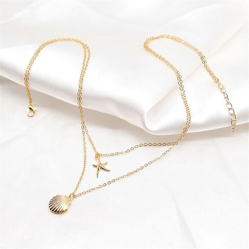Boho Starfish Seashell Layered Necklace Gold Silver Plated Dainty Charm Double Layer Sea Shell Lucky Stars Ocean Animal Chain Necklace for Women Teen Girls Hawaiian Summer Beach Vacation Trendy Jewelry Gifts in Saudi Arabia