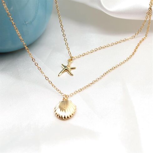 Boho Starfish Seashell Layered Necklace Gold Silver Plated Dainty Charm Double Layer Sea Shell Lucky Stars Ocean Animal Chain Necklace for Women Teen Girls Hawaiian Summer Beach Vacation Trendy Jewelry Gifts in Saudi Arabia
