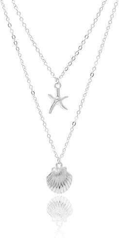 Boho Starfish Seashell Layered Necklace Gold Silver Plated Dainty Charm Double Layer Sea Shell Lucky Stars Ocean Animal Chain Necklace for Women Teen Girls Hawaiian Summer Beach Vacation Trendy Jewelry Gifts in Saudi Arabia