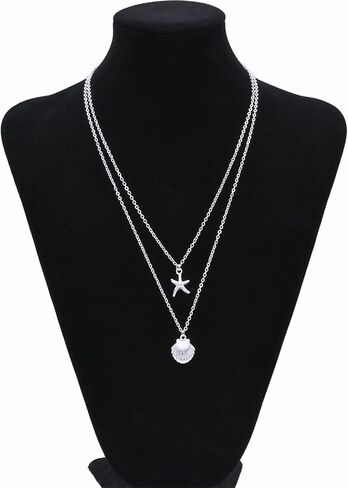 Boho Starfish Seashell Layered Necklace Gold Silver Plated Dainty Charm Double Layer Sea Shell Lucky Stars Ocean Animal Chain Necklace for Women Teen Girls Hawaiian Summer Beach Vacation Trendy Jewelry Gifts in Saudi Arabia