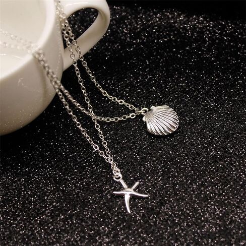 Boho Starfish Seashell Layered Necklace Gold Silver Plated Dainty Charm Double Layer Sea Shell Lucky Stars Ocean Animal Chain Necklace for Women Teen Girls Hawaiian Summer Beach Vacation Trendy Jewelry Gifts in Saudi Arabia