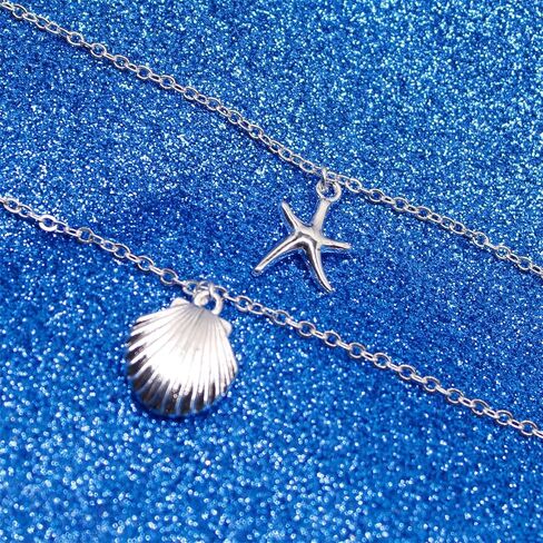 Boho Starfish Seashell Layered Necklace Gold Silver Plated Dainty Charm Double Layer Sea Shell Lucky Stars Ocean Animal Chain Necklace for Women Teen Girls Hawaiian Summer Beach Vacation Trendy Jewelry Gifts in Saudi Arabia