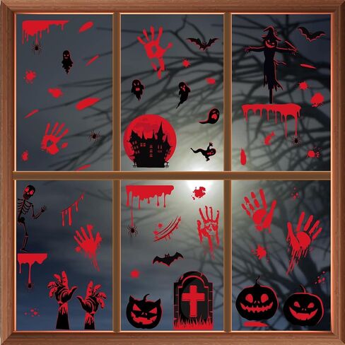 WALPLUS Halloween Window Clings Halloween ديكورات التخليص على الوجهين قابلة لإعادة الاستخدام وقشر وعصا قابلة للإزالة للزجاج غرفة المعيشة غرفة الحضانة المنزل مكتب الهالوين مخلوقات مخيفة سوداء 60 قطعة in Kuwait