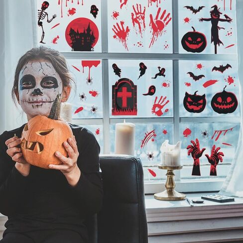 WALPLUS Halloween Window Clings Halloween ديكورات التخليص على الوجهين قابلة لإعادة الاستخدام وقشر وعصا قابلة للإزالة للزجاج غرفة المعيشة غرفة الحضانة المنزل مكتب الهالوين مخلوقات مخيفة سوداء 60 قطعة in Kuwait