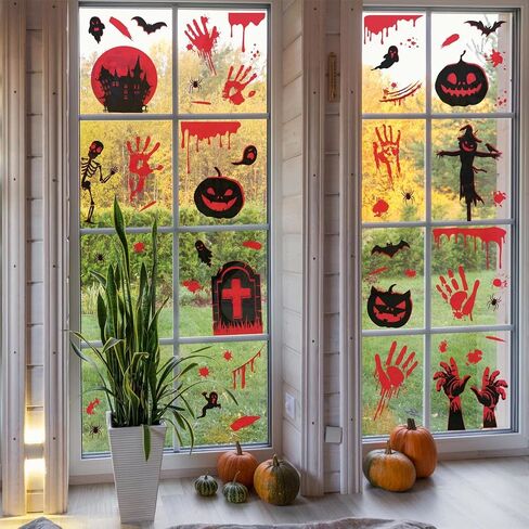 WALPLUS Halloween Window Clings Halloween ديكورات التخليص على الوجهين قابلة لإعادة الاستخدام وقشر وعصا قابلة للإزالة للزجاج غرفة المعيشة غرفة الحضانة المنزل مكتب الهالوين مخلوقات مخيفة سوداء 60 قطعة in Kuwait