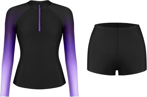 قمصان سباحة نسائية من ATTRACO مكونة من قطعتين من الطفح الجلدي بعامل حماية من الأشعة فوق البنفسجية 50+ وأكمام طويلة وحمالة صدر مدمجة وسحاب أمامي in Kuwait