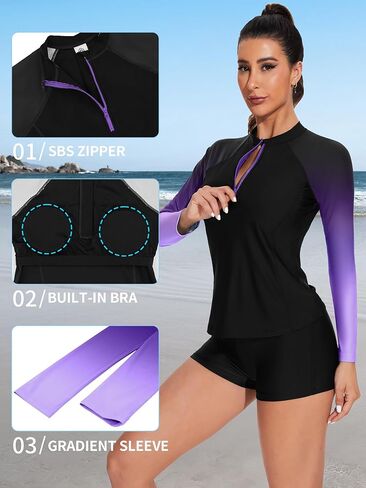 قمصان سباحة نسائية من ATTRACO مكونة من قطعتين من الطفح الجلدي بعامل حماية من الأشعة فوق البنفسجية 50+ وأكمام طويلة وحمالة صدر مدمجة وسحاب أمامي in Kuwait
