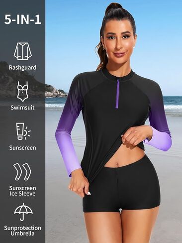 قمصان سباحة نسائية من ATTRACO مكونة من قطعتين من الطفح الجلدي بعامل حماية من الأشعة فوق البنفسجية 50+ وأكمام طويلة وحمالة صدر مدمجة وسحاب أمامي in Kuwait