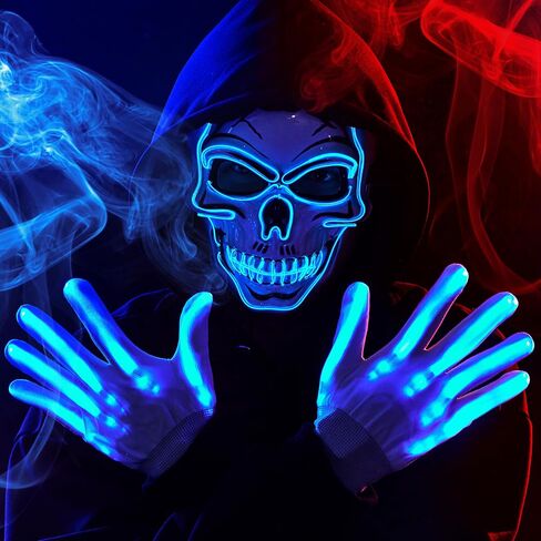 JOYIN قناع جمجمة LED للهالوين مع قفازات مضيئة، قناع جمجمة أزرق مخيف يتوهج، قناع هيكل عظمي يتوهج في الظلام للبالغين من الرجال والنساء أزياء الهالوين التنكرية ملحقات الحفلات in Saudi Arabia
