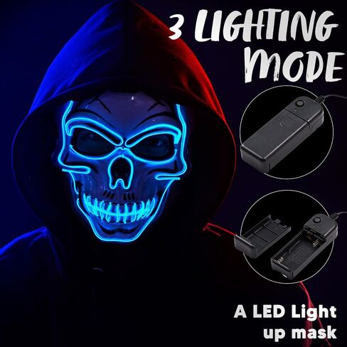 JOYIN قناع جمجمة LED للهالوين مع قفازات مضيئة، قناع جمجمة أزرق مخيف يتوهج، قناع هيكل عظمي يتوهج في الظلام للبالغين من الرجال والنساء أزياء الهالوين التنكرية ملحقات الحفلات in Saudi Arabia